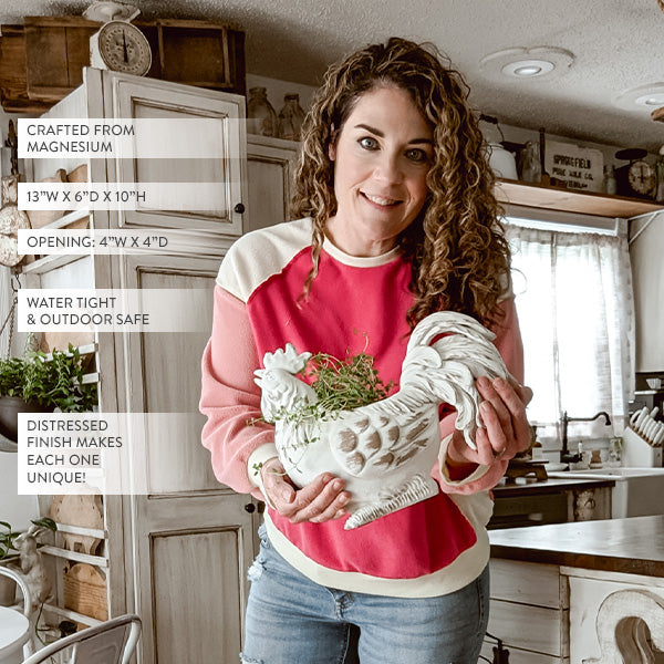 Indoor/Outdoor Distressed Rooster White Planter