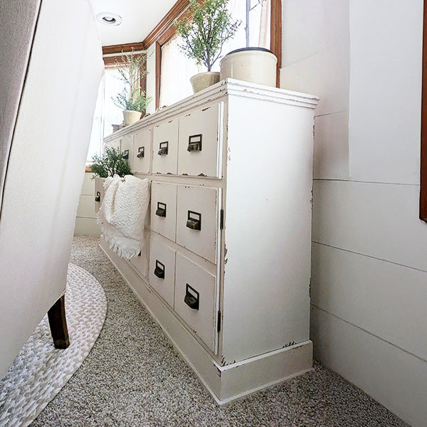 66 Inch Distressed White Seed Storage Cabinet