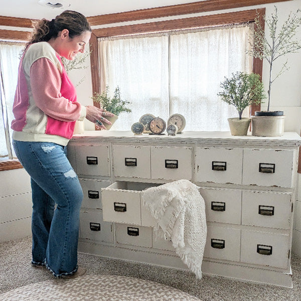 66 Inch Distressed White Seed Storage Cabinet