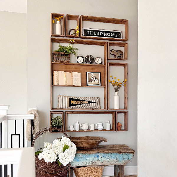 Open Modular Wooden Wall Shelves, Set of Nine