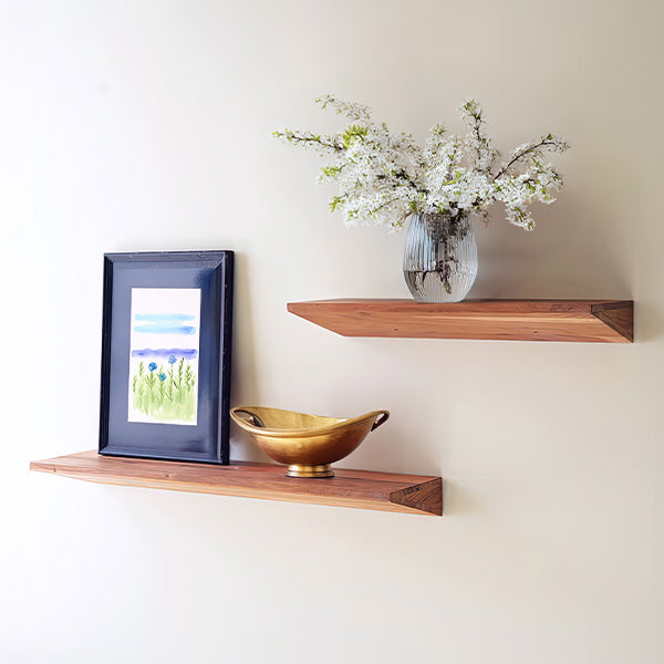 Floating Acacia Wood Shelves, Set of Two