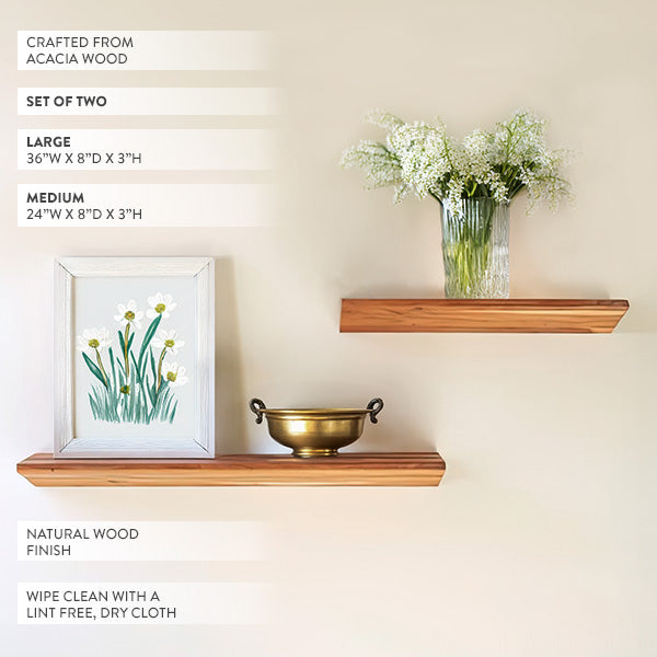 Floating Acacia Wood Shelves, Set of Two