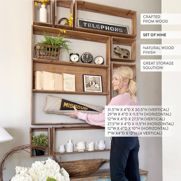 Open Modular Wooden Wall Shelves, Set of Nine