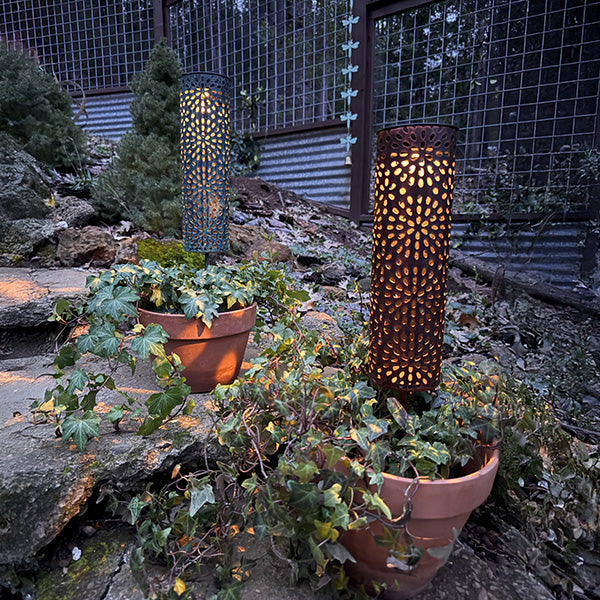 Cylindrical Metal Outdoor Solar Light Yard Stakes, Set of Two