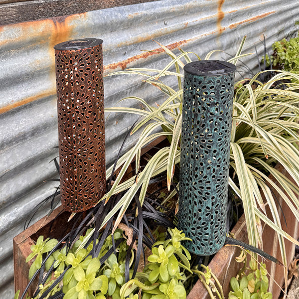Cylindrical Metal Outdoor Solar Light Yard Stakes, Set of Two