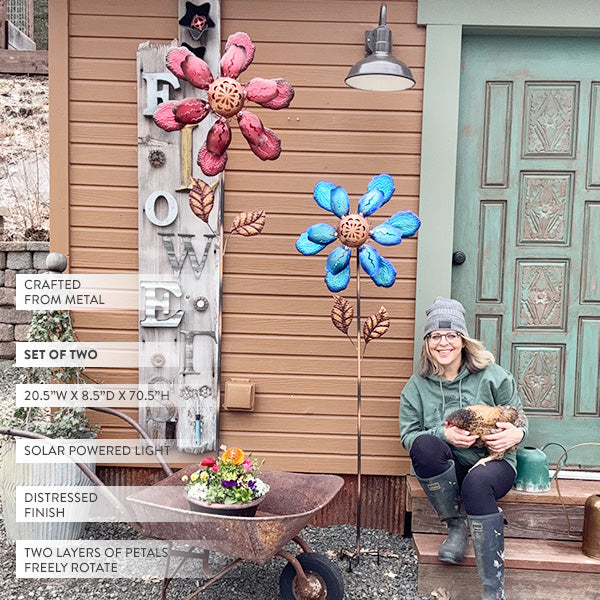 70 Inch Metal Solar Flower Yard Stakes, Set of 2