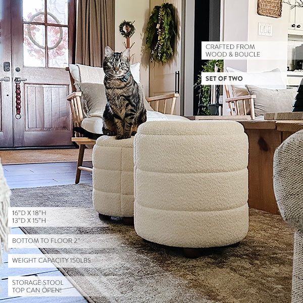 Ribbed Boucle Storage Ottomans, Set of 2
