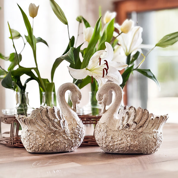 Artisanal Weathered White Swan Planters, Set of Two
