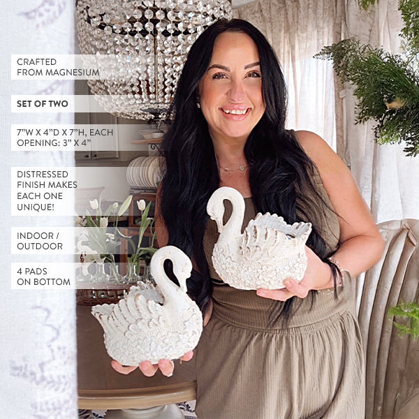 Artisanal Weathered White Swan Planters, Set of Two