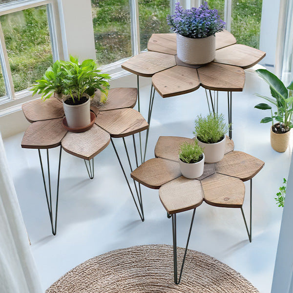 Wooden Flower Shaped Side Tables, Set of Three