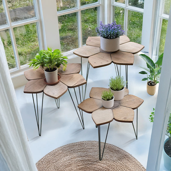 Wooden Flower Shaped Side Tables, Set of Three