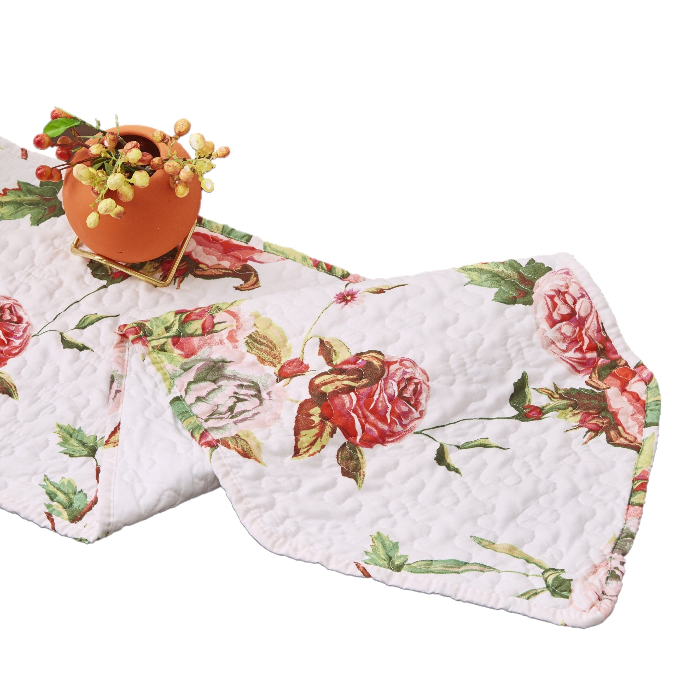 Romantic Roses Pink White Lovely Floral Quilted Dining Table Runner