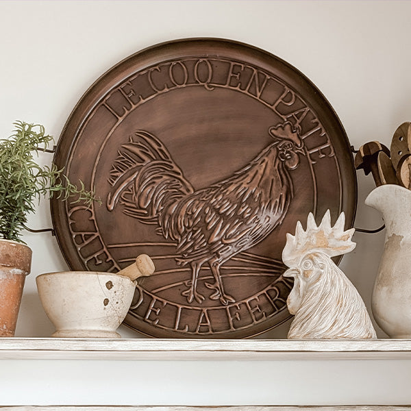 French Farmhouse Copper Finish Rooster Tray Wall Art