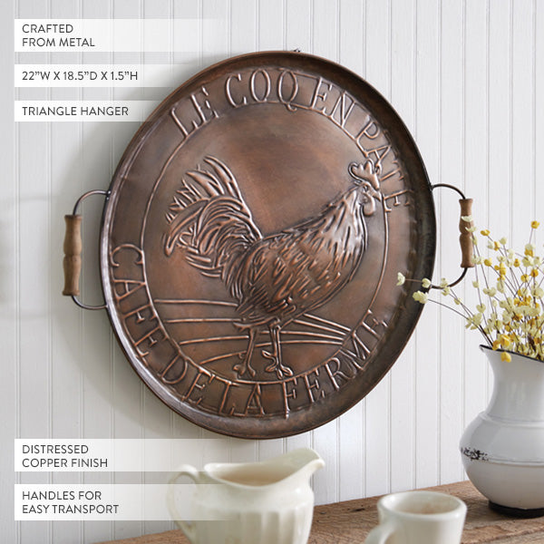 French Farmhouse Copper Finish Rooster Tray Wall Art