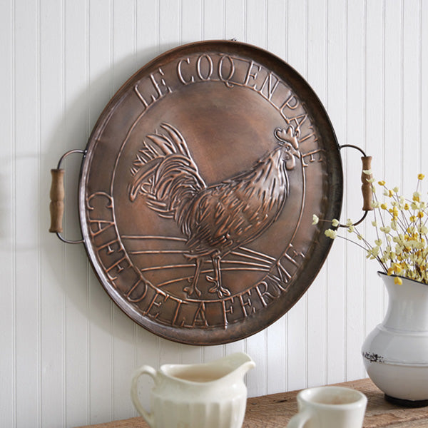 French Farmhouse Copper Finish Rooster Tray Wall Art