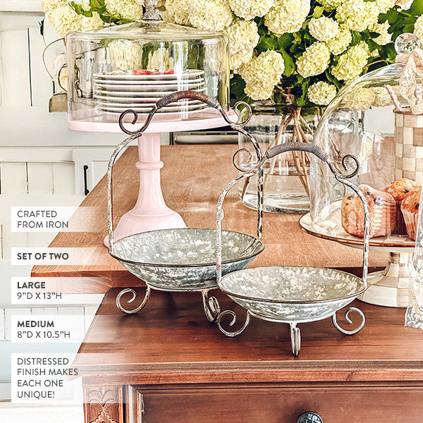 Vintage Inspired Metal Display Tray with Scrollwork Handles, Set of Two