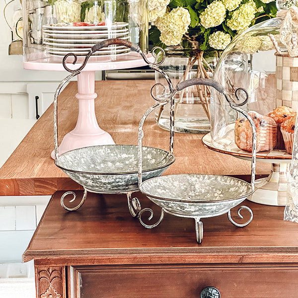 Vintage Inspired Metal Display Tray with Scrollwork Handles, Set of Two