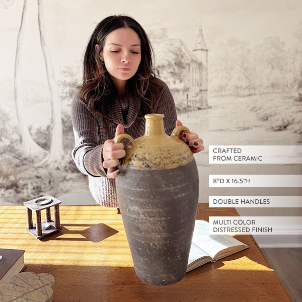 Large Two-Tone Ceramic Vase with Handles