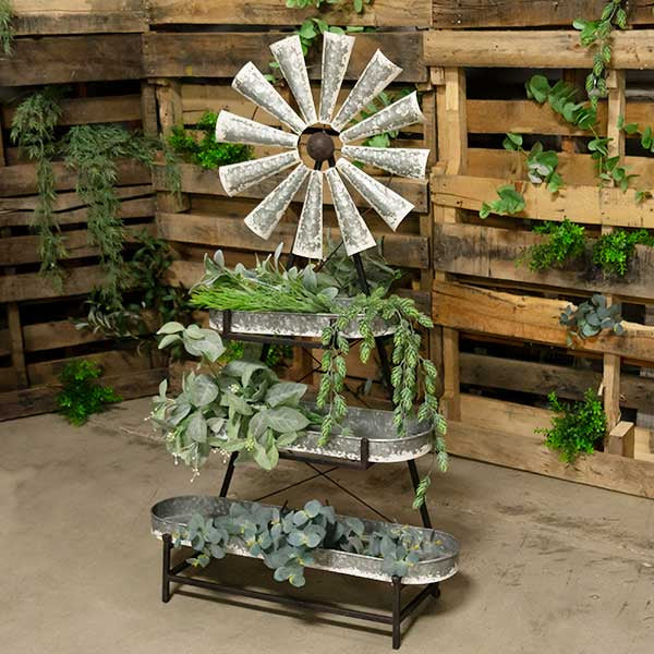 Galvanized Metal Three Tiered Windmill Planter