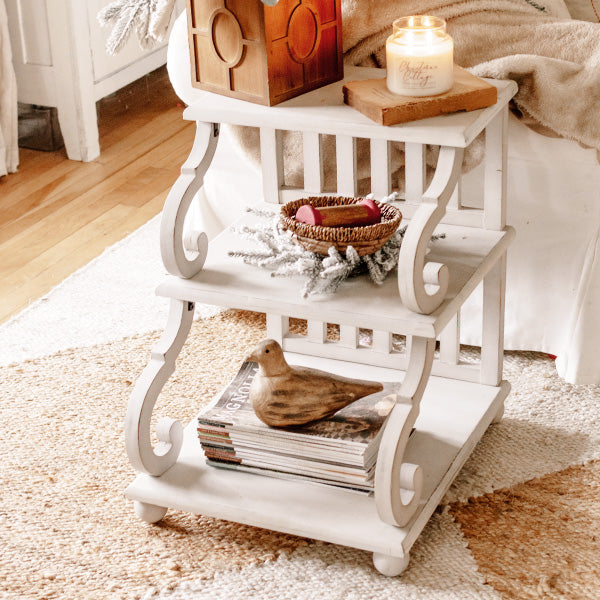 Two Tier White Scroll End Table