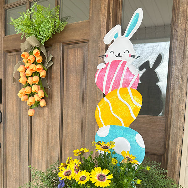 Easter Bunny and Stacked Eggs Metal Yard Stakes, Set of 2