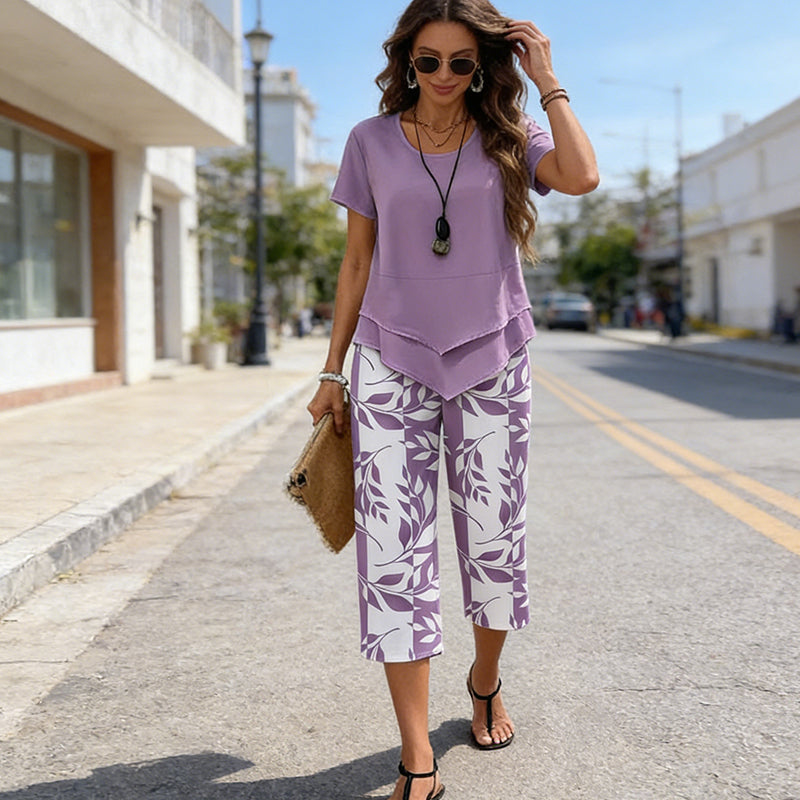 Loungewear Set with Crew-Neck Top (Layered Look) & Extra-Wide-Leg Pants