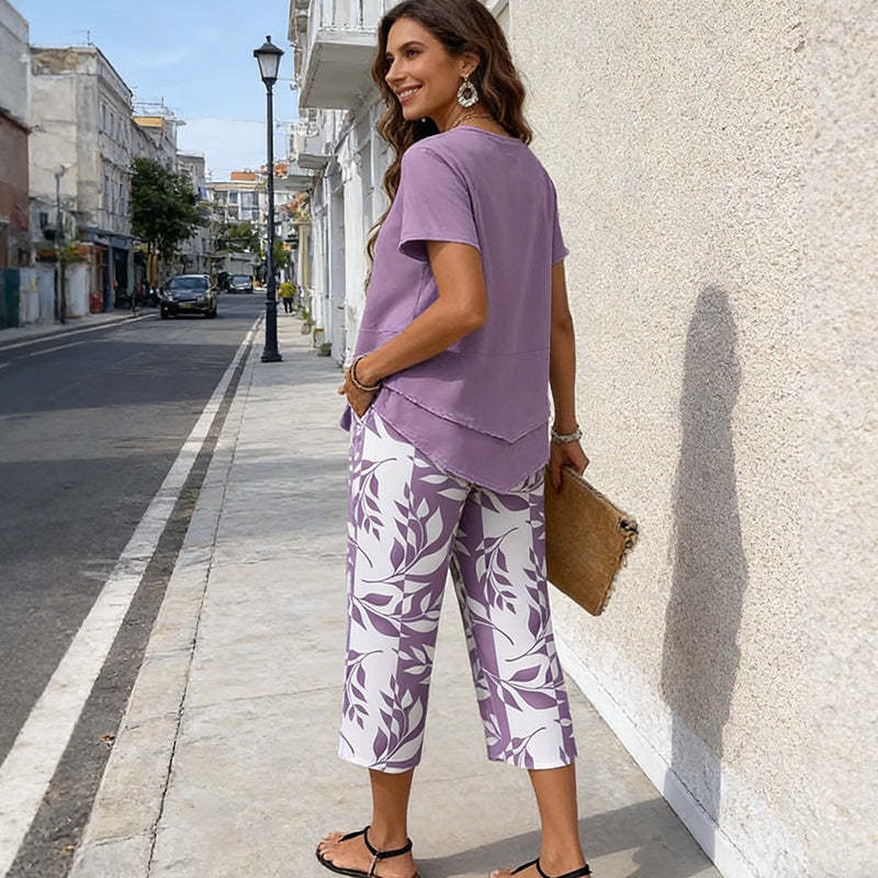 Loungewear Set with Crew-Neck Top (Layered Look) & Extra-Wide-Leg Pants