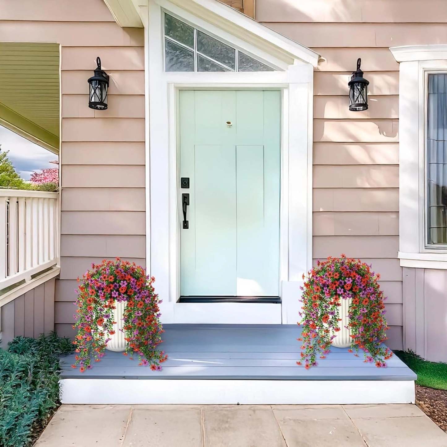 Outdoor cascading daisy and eucalyptus flowers – UV-resistant