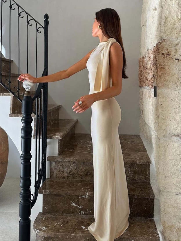  Satin One-Shoulder Tie Dress | Slim Fit Evening Gown