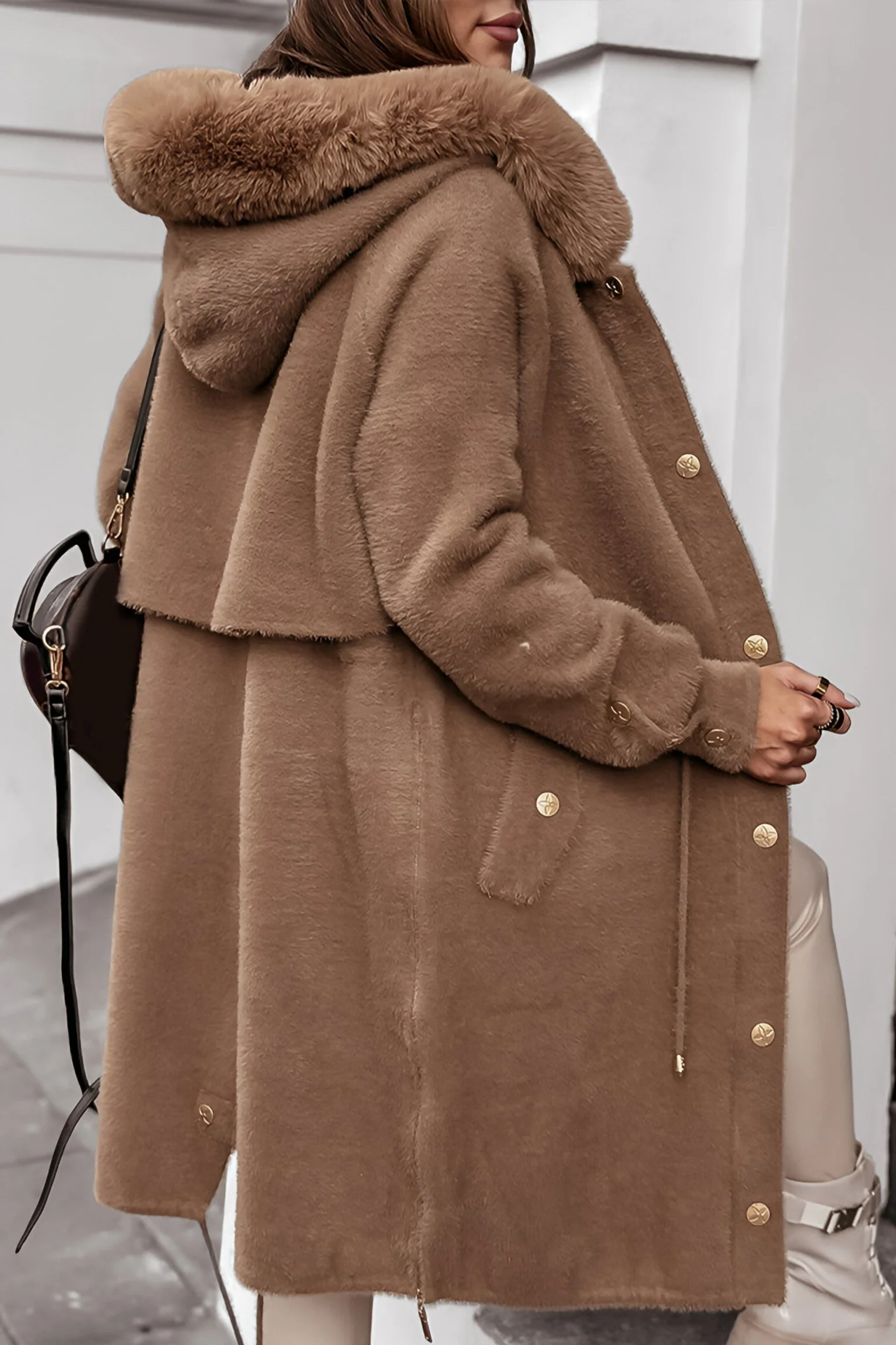 Women's Solid Color Winter Hooded Coat with Faux Fur Trim & Zip Front