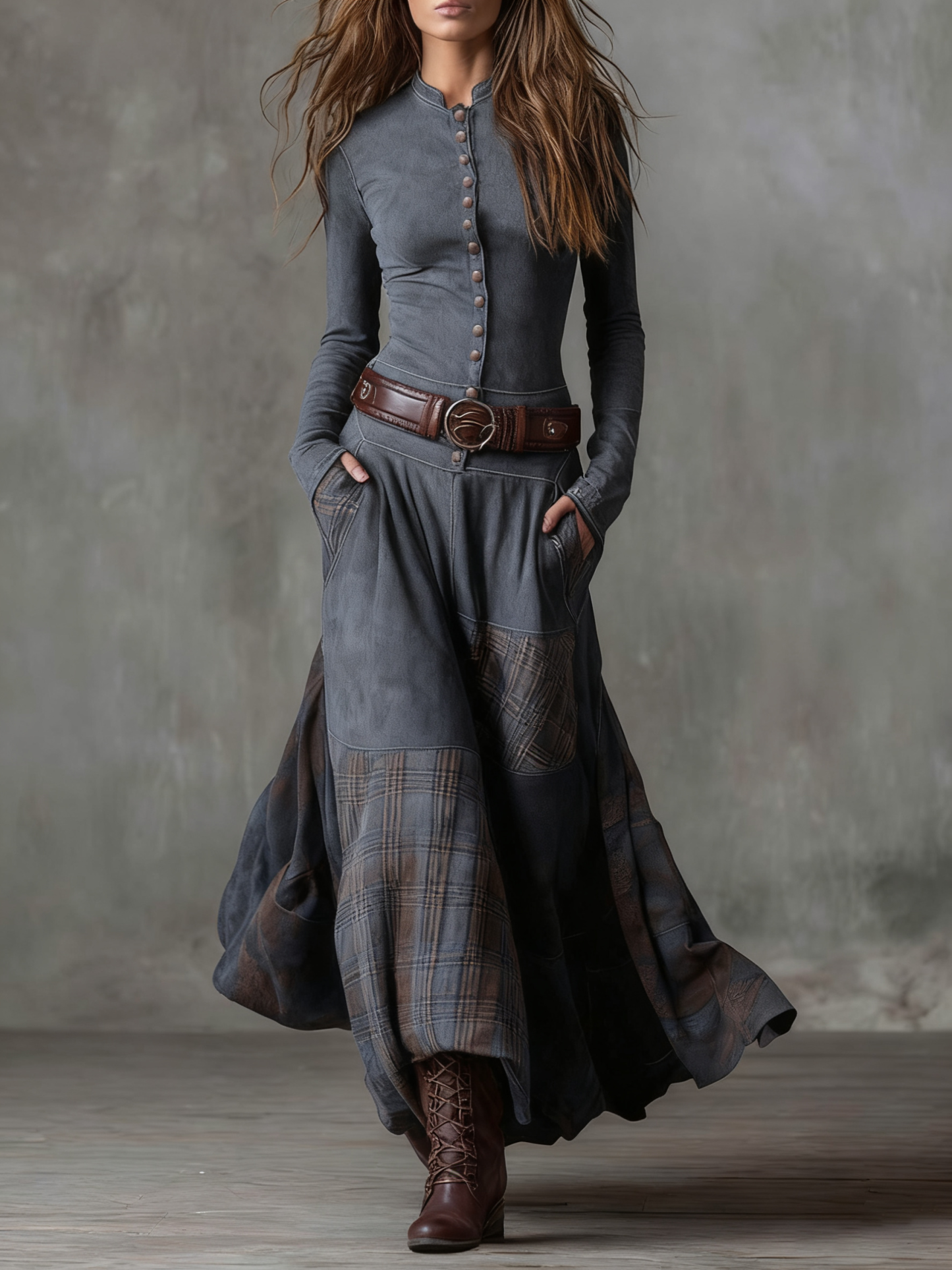 Vintage Maxi Dress in Suede with Plaid Panels