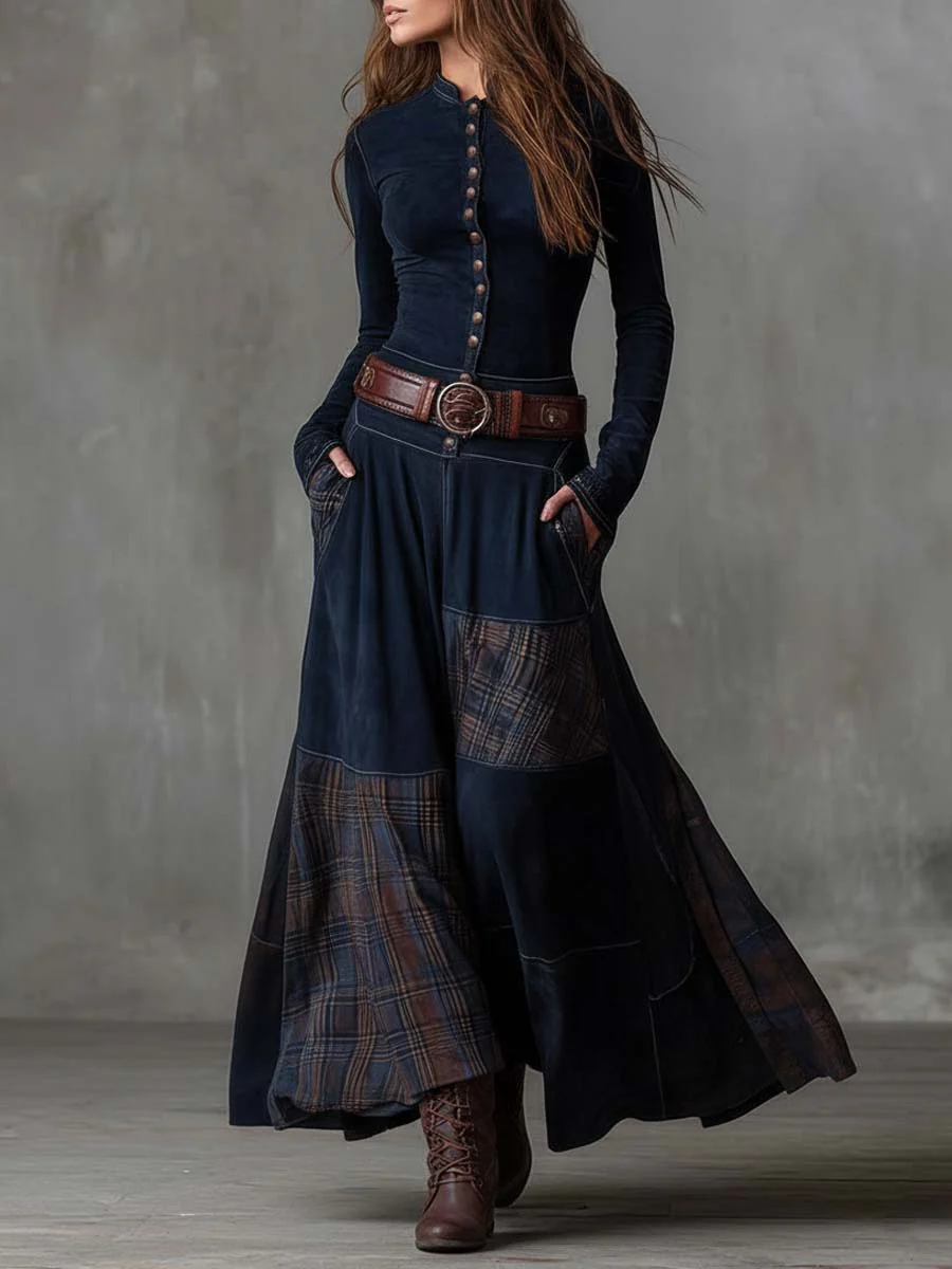 Vintage Maxi Dress in Suede with Plaid Panels