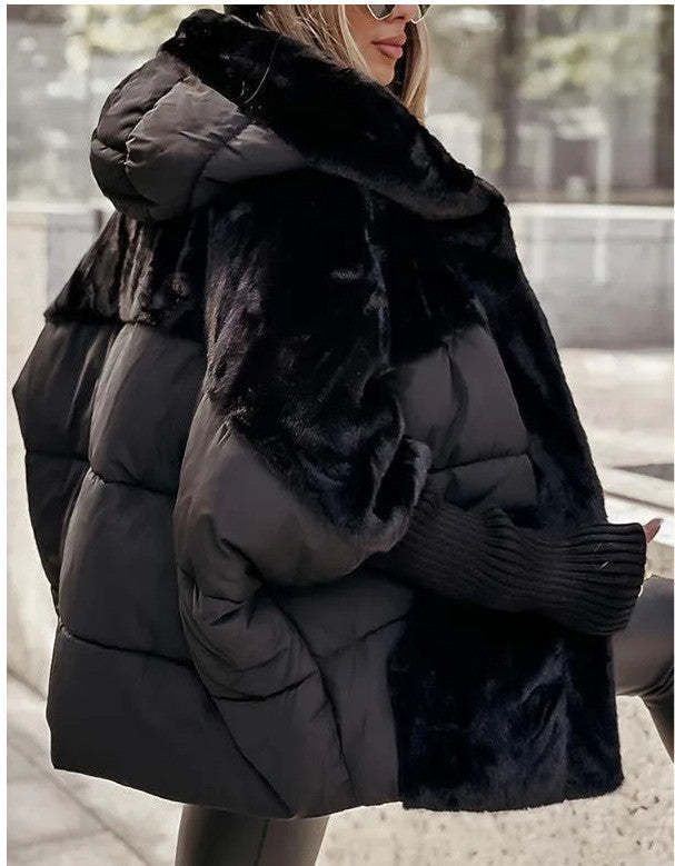 Women's Loose Cotton Coat Faux Fur Patchwork Winter Coat Comfort Chic Long Sleeve Hooded Jacket