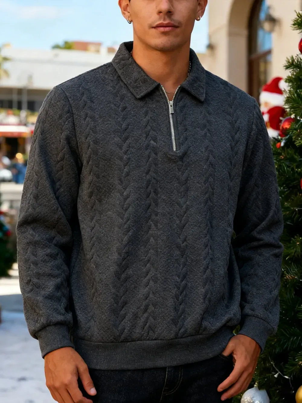 Men's Fall Winter Outfits Knitted Polo Neck Long Sleeve Sweatshirt for Daliy Wear