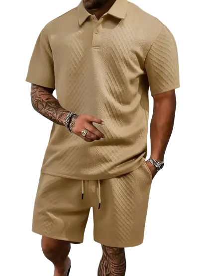 Men's Summer Casual Textured Polo Shirt and Shorts Two-Piece Set