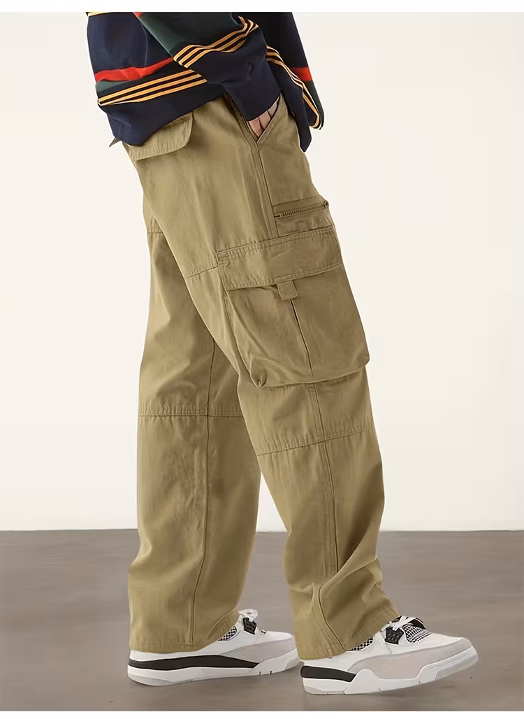 mens casual solid color polyester cargo pants comfortable loose fit with flap pockets and zipper design   woven fabric non stretch regular length for outdoor activities and daily wear Product details 6