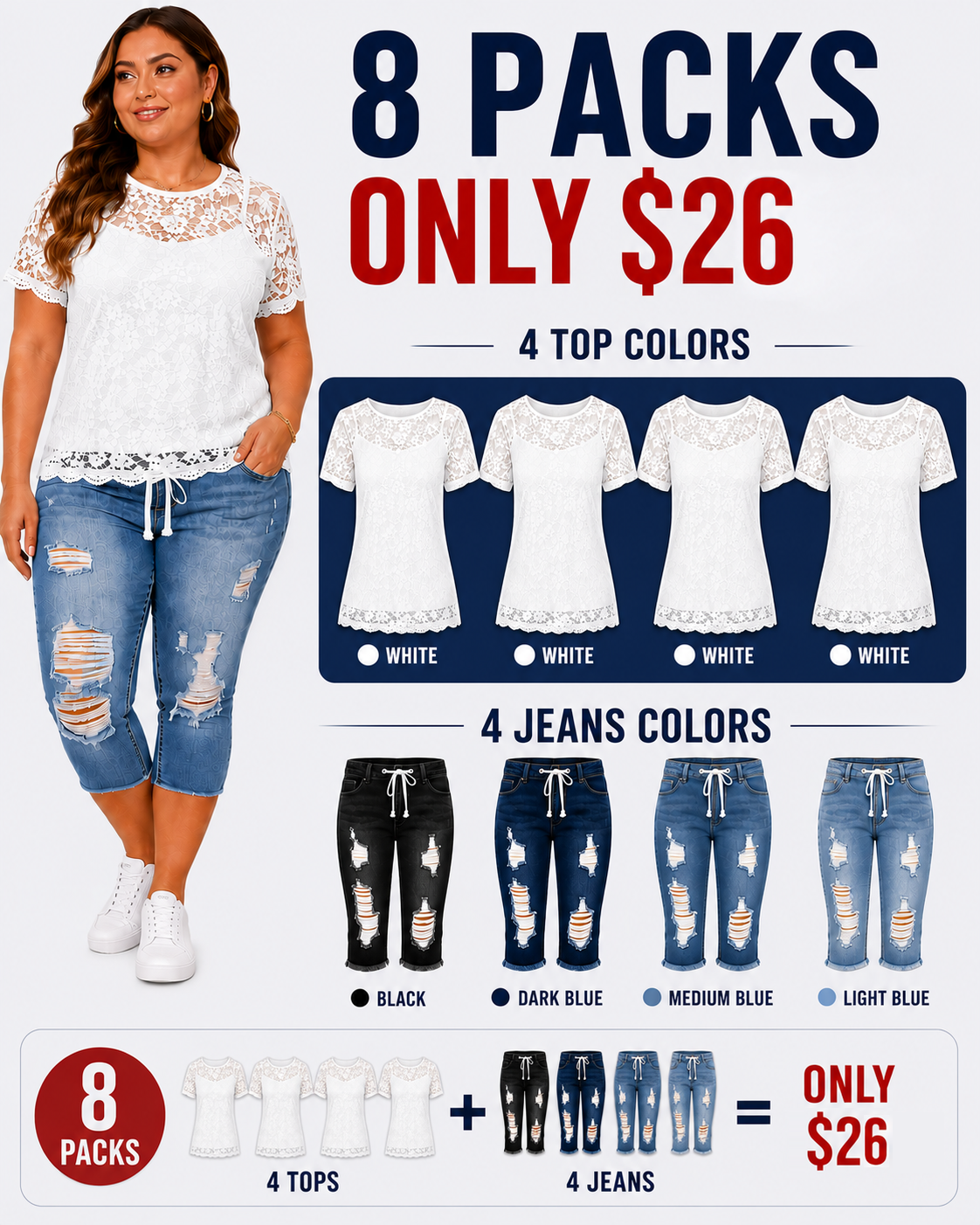 Fashion Distressed Ripped Capri Jeans Plus Size Casual High-Waisted Drawstring Waist Denim Cropped Pants + Lace cutout top