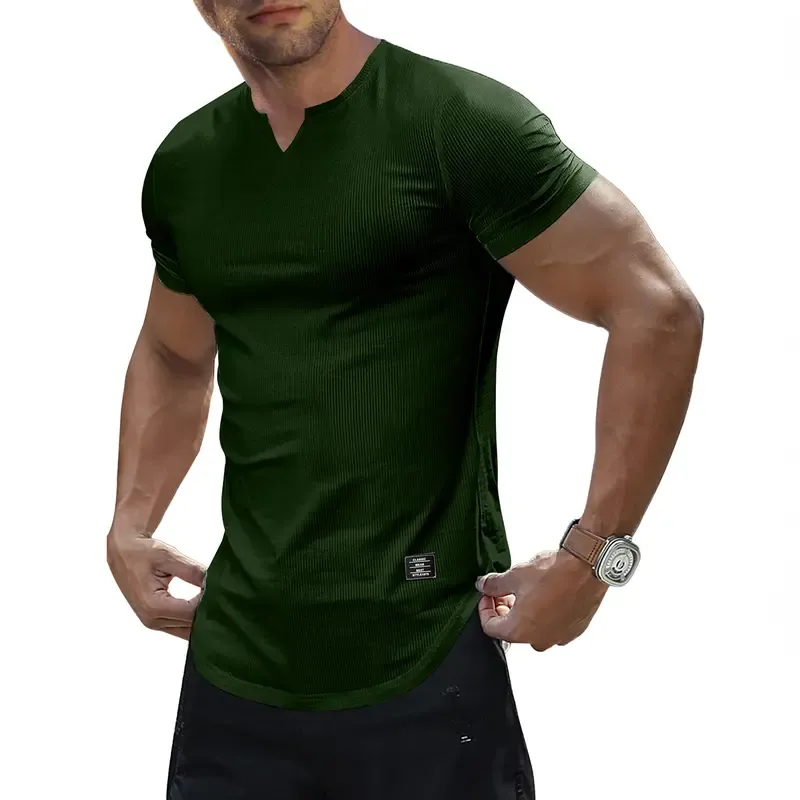 Men's Plain Muscle Slim Fitted T Shirt Polyester V-Neck Longline Shirt Gym Workout Athletic Tee Shirts Menswear Casual Tops,Short Sleeve T-Shirt for Daily Outdoor Wear,Men's Streetwear Outfits
