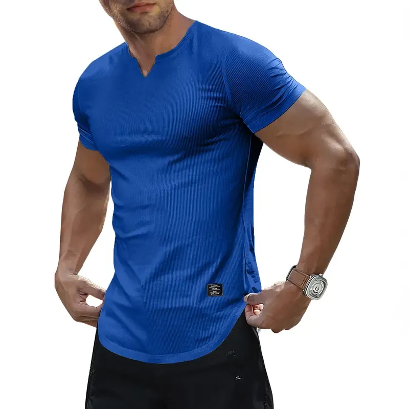 Men's Plain Muscle Slim Fitted T Shirt Polyester V-Neck Longline Shirt Gym Workout Athletic Tee Shirts Menswear Casual Tops,Short Sleeve T-Shirt for Daily Outdoor Wear,Men's Streetwear Outfits