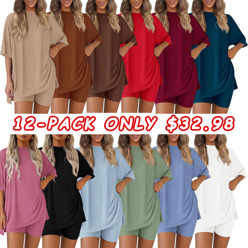 Women's summer two-piece casual loose round neck blouse with slit hem and cycling shorts with side pockets. Simple loungewear, soft viscose fabric, comfortable and warm.