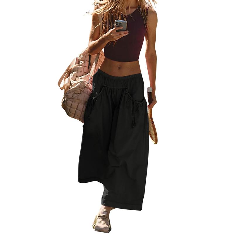 Women's Loose Wide Leg Track Pants Boho Style Drawstring Pockets Elastic Waist Capri Hiking Parachute Pants