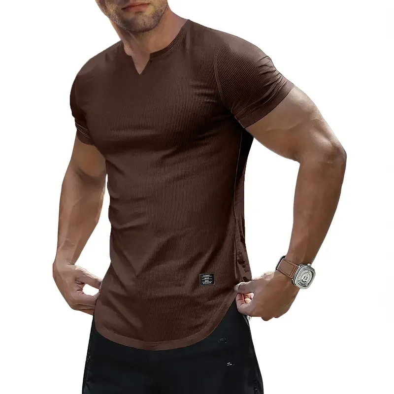 Men's Plain Muscle Slim Fitted T Shirt Polyester V-Neck Longline Shirt Gym Workout Athletic Tee Shirts Menswear Casual Tops,Short Sleeve T-Shirt for Daily Outdoor Wear,Men's Streetwear Outfits