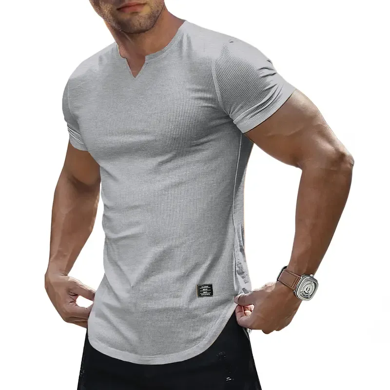 Men's Plain Muscle Slim Fitted T Shirt Polyester V-Neck Longline Shirt Gym Workout Athletic Tee Shirts Menswear Casual Tops,Short Sleeve T-Shirt for Daily Outdoor Wear,Men's Streetwear Outfits