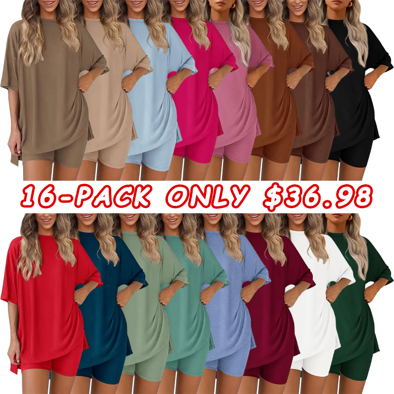 Women's summer two-piece casual loose round neck blouse with slit hem and cycling shorts with side pockets. Simple loungewear, soft viscose fabric, comfortable and warm.