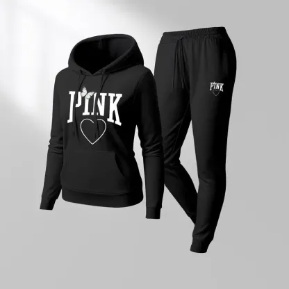 🔥Popular This Week🔥Women's Pink Heart Print Hair And Sunglasses Hoodie And Drawstring Track Pants Set