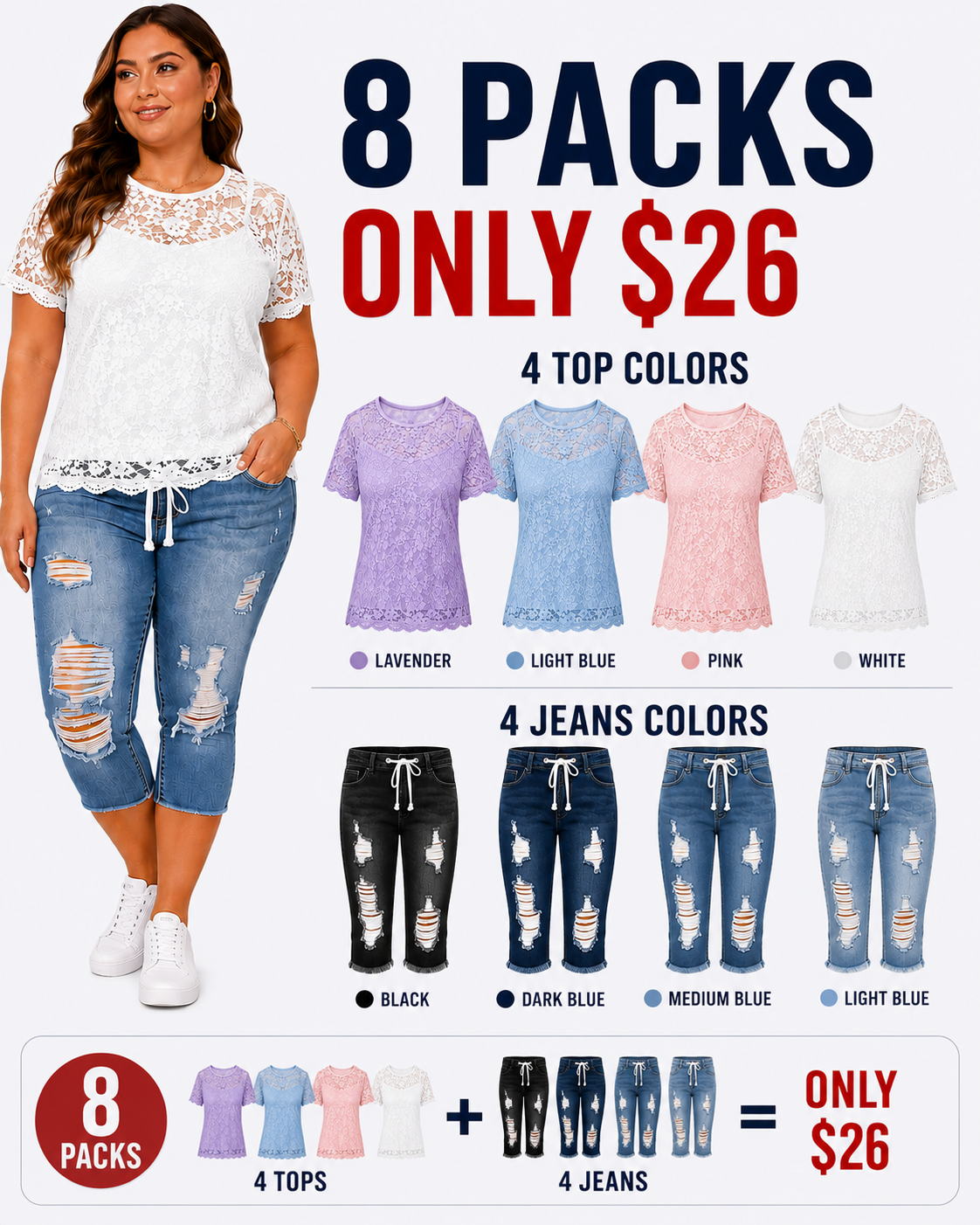 Fashion Distressed Ripped Capri Jeans Plus Size Casual High-Waisted Drawstring Waist Denim Cropped Pants + Lace cutout top