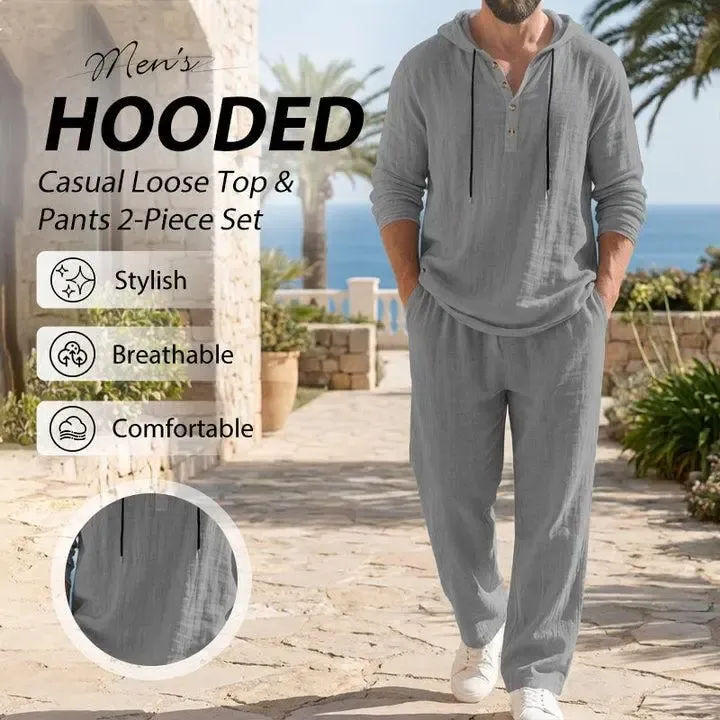 🔥Linen Men's Hooded Casual Loose Top & Pants 2-Piece Set