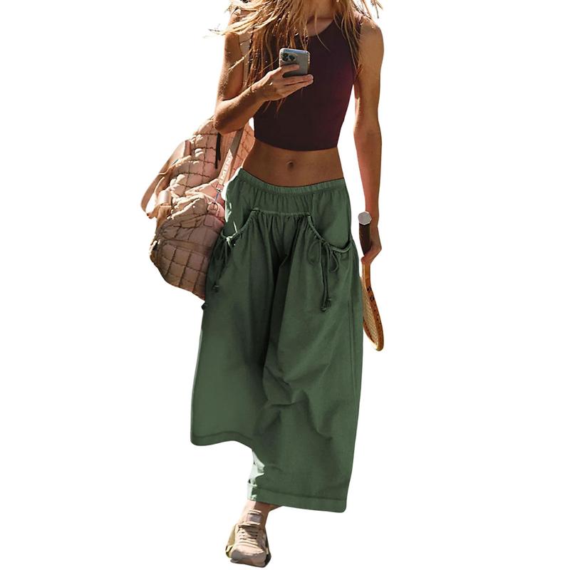 Women's Loose Wide Leg Track Pants Boho Style Drawstring Pockets Elastic Waist Capri Hiking Parachute Pants
