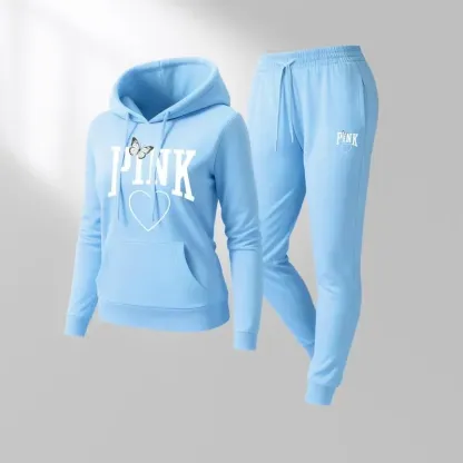 🔥Popular This Week🔥Women's Pink Heart Print Hair And Sunglasses Hoodie And Drawstring Track Pants Set