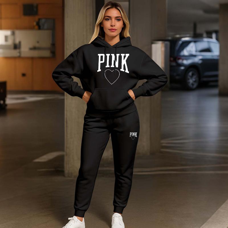 Women's Pink Heart Print Hair And Sunglasses Hoodie And Drawstring Track Pants Set, Casual Sportswear, Long-Sleeved Hooded Jacket And Pants, Suitable For Autumn And Winter, Everyday Wear, Indoor And Outdoor Sportswear, Casual Sportswear.